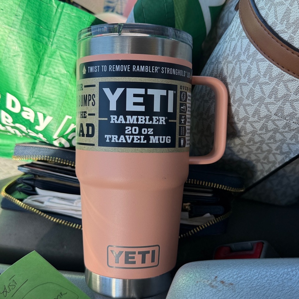 Peach color 20oz yeti rambler travel mug with magslider lid